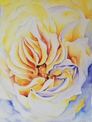 Aquarellbild dreier Primeln in expressiven Gelb- und Grüntönen